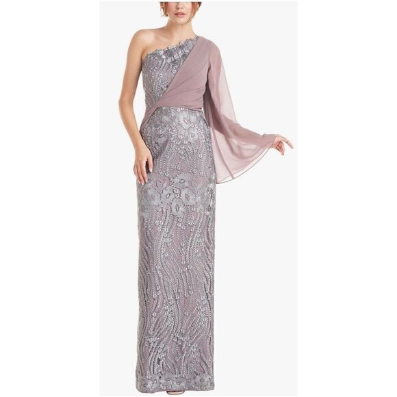 JS COLLECTIONS One Shoulder Embroidered Mesh Overlay Asymmetrical Gown in Steel - Picture 1 of 7